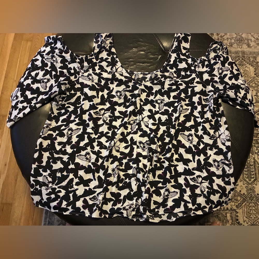 torrid Black and White Butterfly Cold-Shoulder Blouse
